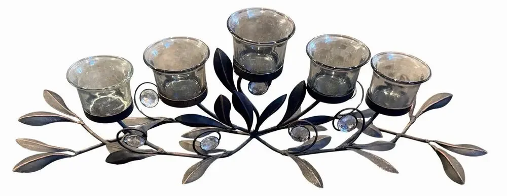 Decorative Black Metal Leaf Votive Candle Holder 5 Glass Cups Table Centerpiece